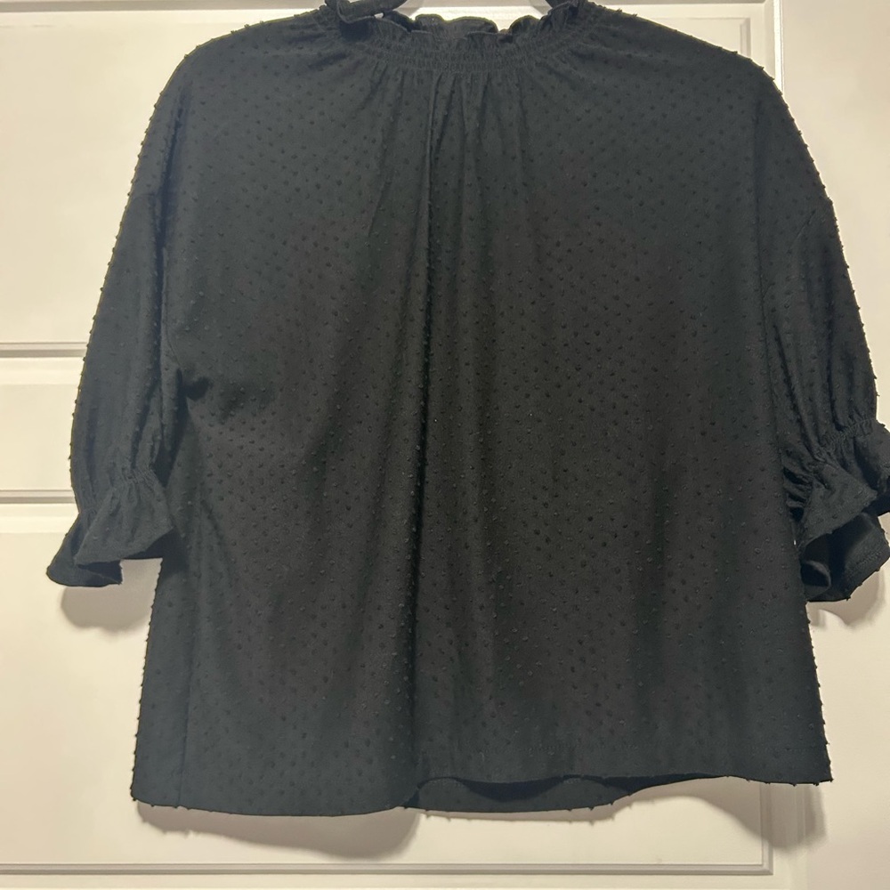 Madewell Black Swiss Dot Ruffle-Neck Peasant Blouse